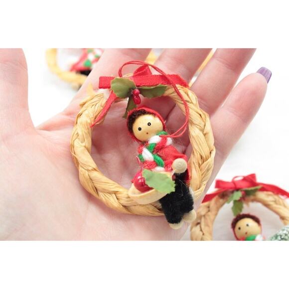 Vintage Elves in Raffia Wreaths Christmas Ornaments Set of 6 in Original Box - Picture 7 of 10